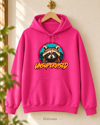 Unsupervised Raccoon Hoodie | Retro Neon Graphic Hooded Sweatshirt