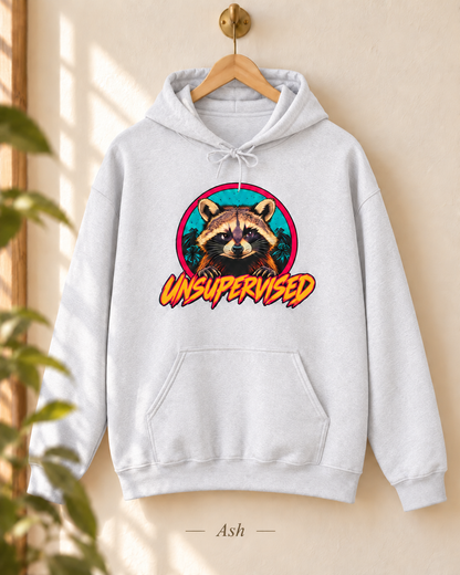 Unsupervised Raccoon Hoodie | Retro Neon Graphic Hooded Sweatshirt