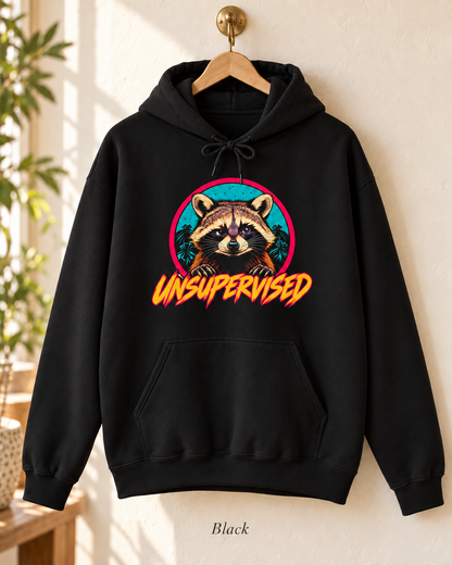 Unsupervised Raccoon Hoodie | Retro Neon Graphic Hooded Sweatshirt