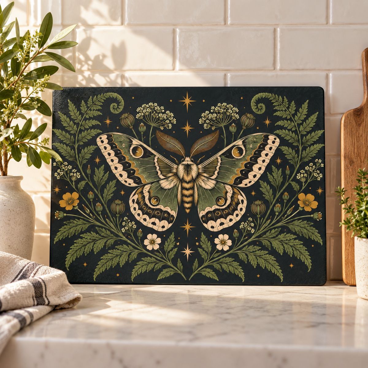 Glass Cutting Board — Vintage Moth & Fern Botanical Design
