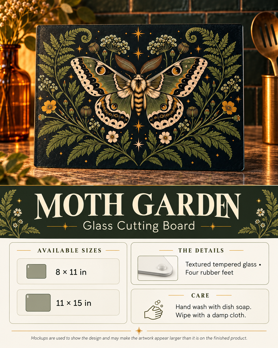 Glass Cutting Board — Vintage Moth & Fern Botanical Design