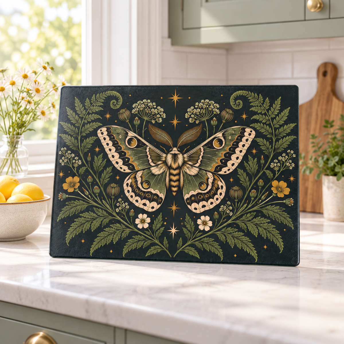Glass Cutting Board — Vintage Moth & Fern Botanical Design