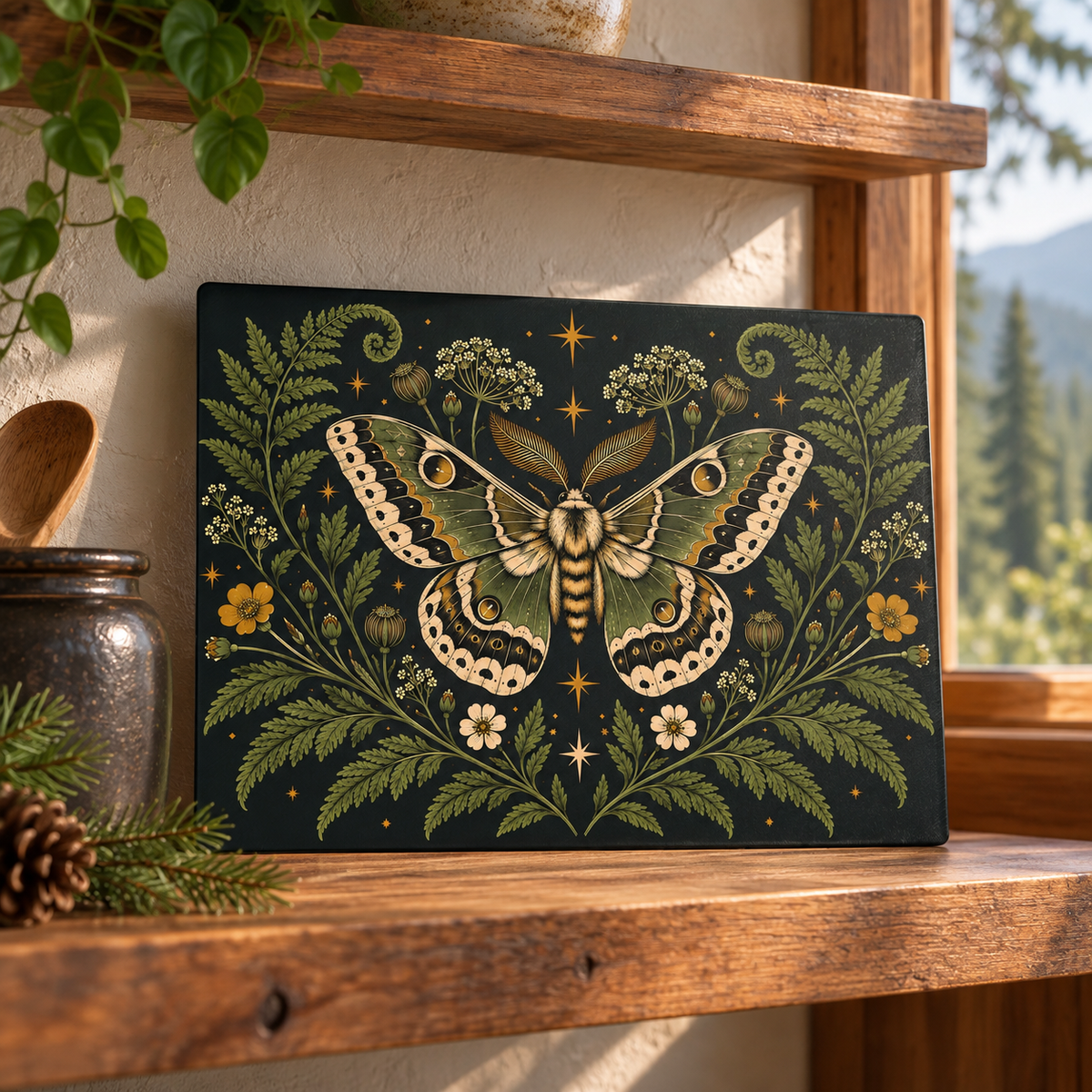 Glass Cutting Board — Vintage Moth & Fern Botanical Design