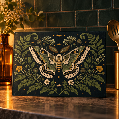 Glass Cutting Board — Vintage Moth & Fern Botanical Design