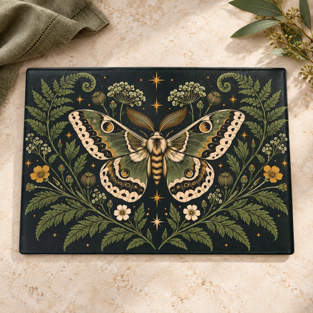Glass Cutting Board — Vintage Moth & Fern Botanical Design