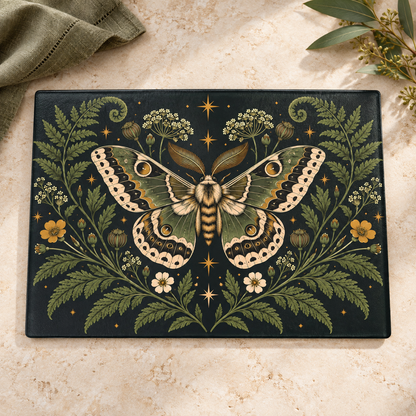 Glass Cutting Board — Vintage Moth & Fern Botanical Design