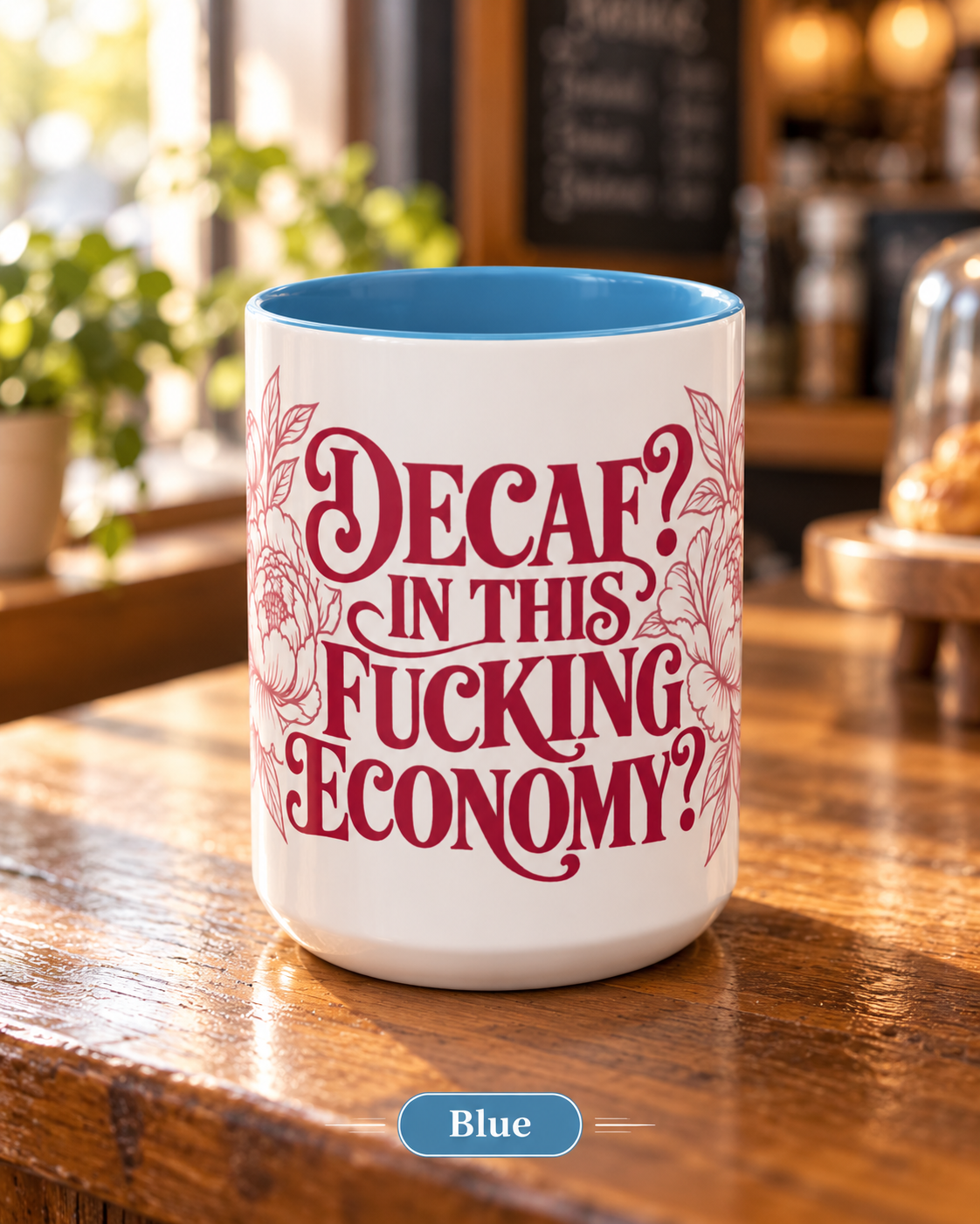 Funny Coffee Mug — “Decaf? In This Fucking Economy?” Accent Ceramic Mug (11/15oz)