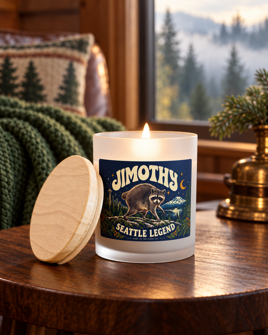 Seattle Raccoon Candle — 'Jimothy' Frosted Glass 11oz Scented Candle