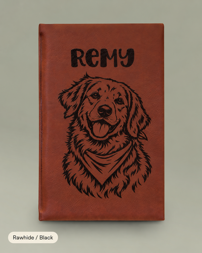 Engraved Vegan Leather Journal — Personalized Dog Portrait (Name: Remy)
