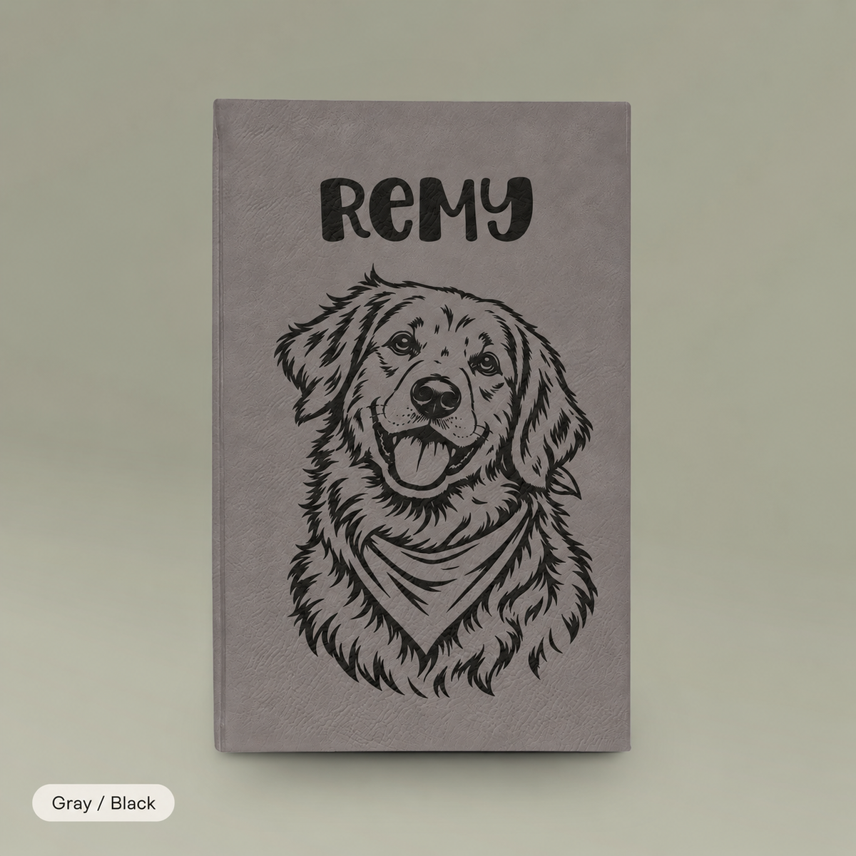 Engraved Vegan Leather Journal — Personalized Dog Portrait (Name: Remy)