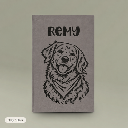 Engraved Vegan Leather Journal — Personalized Dog Portrait (Name: Remy)