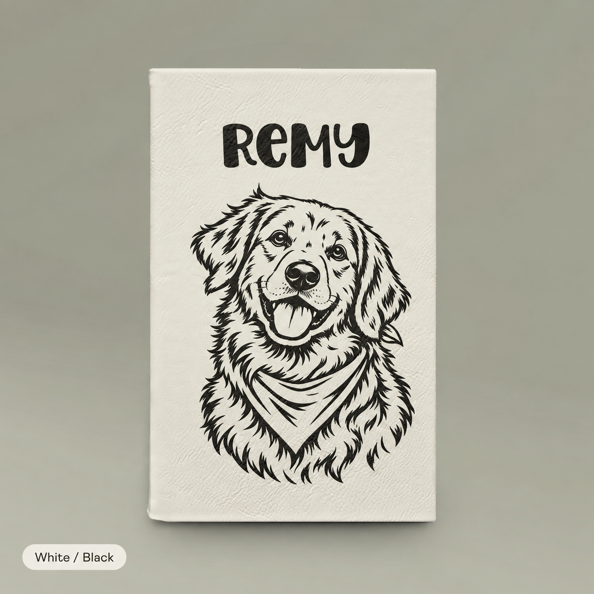 Engraved Vegan Leather Journal — Personalized Dog Portrait (Name: Remy)