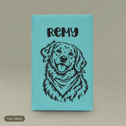 Engraved Vegan Leather Journal — Personalized Dog Portrait (Name: Remy)