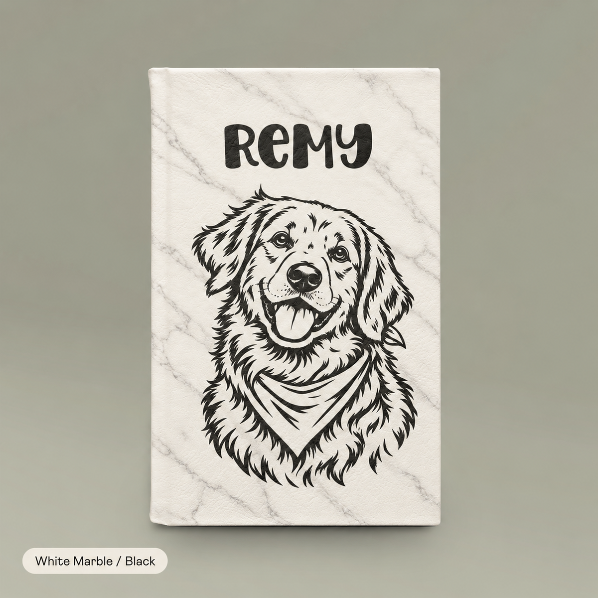 Engraved Vegan Leather Journal — Personalized Dog Portrait (Name: Remy)