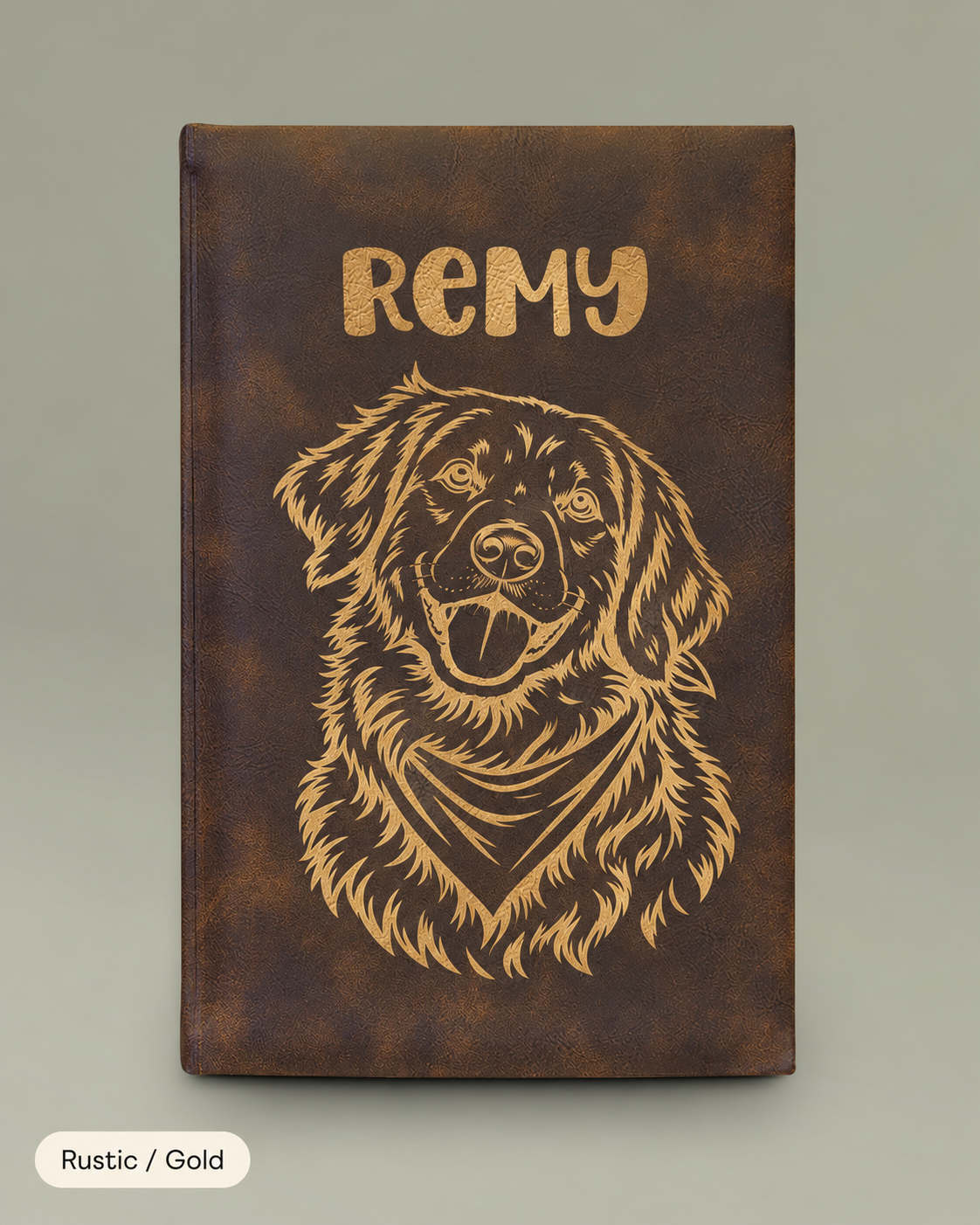 Engraved Vegan Leather Journal — Personalized Dog Portrait (Name: Remy)