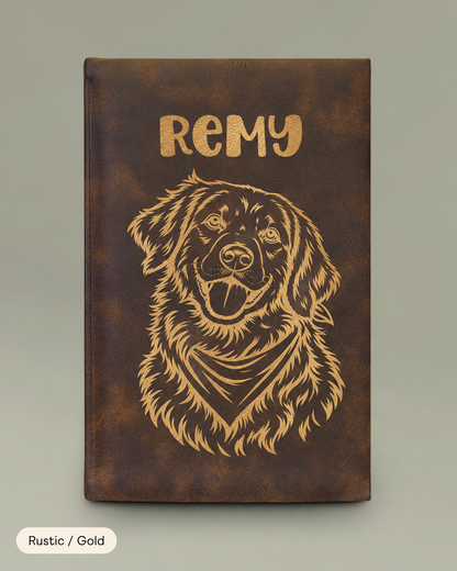 Engraved Vegan Leather Journal — Personalized Dog Portrait (Name: Remy)