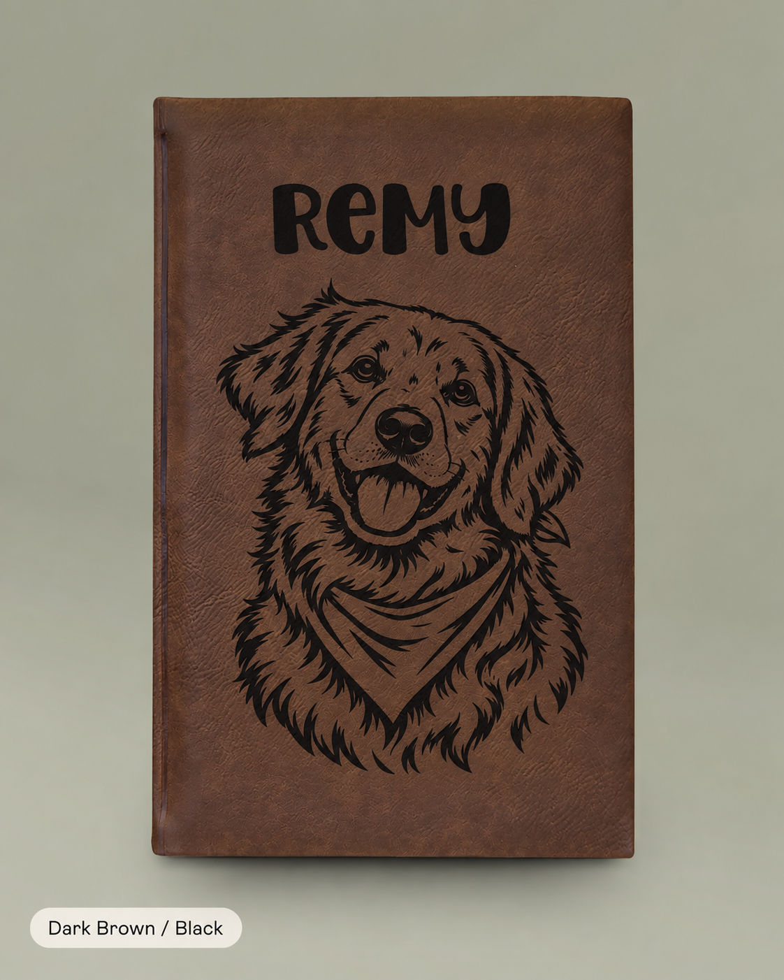 Engraved Vegan Leather Journal — Personalized Dog Portrait (Name: Remy)