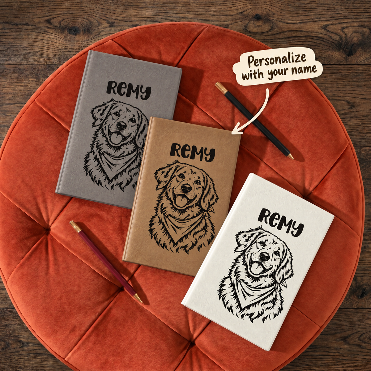 Engraved Vegan Leather Journal — Personalized Dog Portrait (Name: Remy)