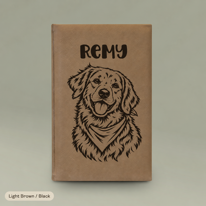 Engraved Vegan Leather Journal — Personalized Dog Portrait (Name: Remy)