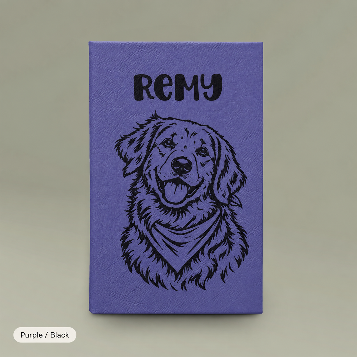 Engraved Vegan Leather Journal — Personalized Dog Portrait (Name: Remy)