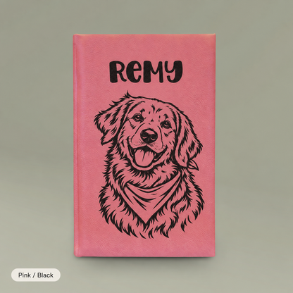 Engraved Vegan Leather Journal — Personalized Dog Portrait (Name: Remy)