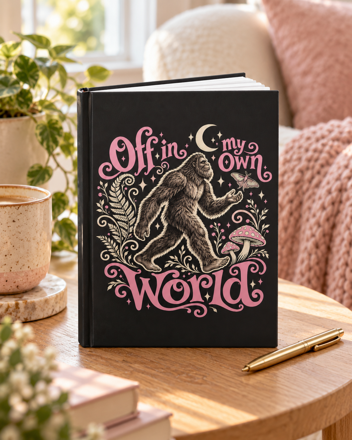Off In My Own World Hardcover Journal — Sasquatch & Mushrooms Lined Notebook