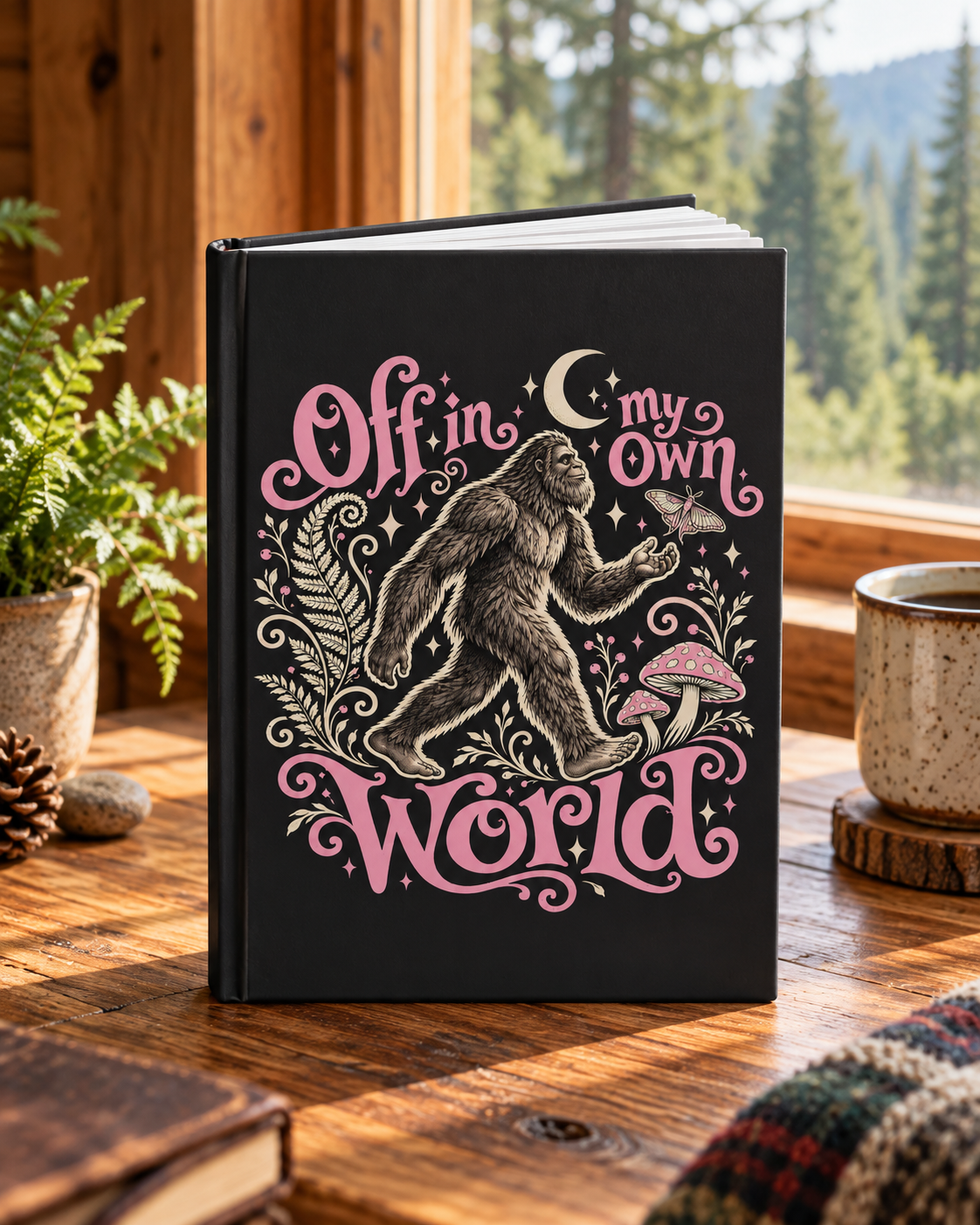 Off In My Own World Hardcover Journal — Sasquatch & Mushrooms Lined Notebook