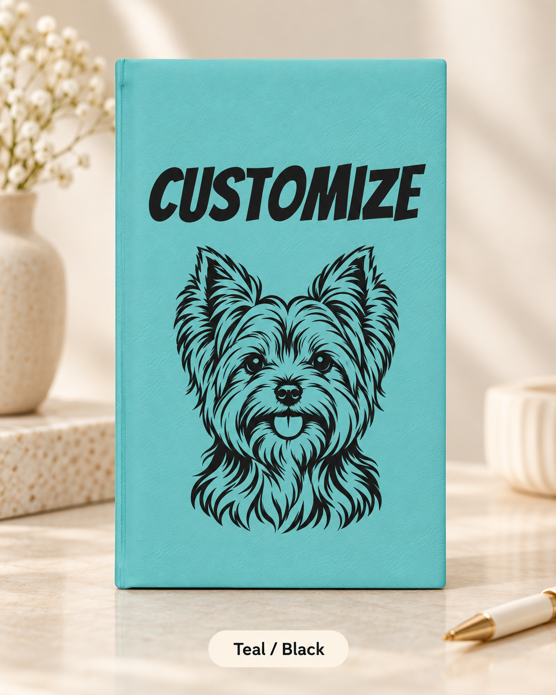 Custom Yorkie Dog Portrait Journal | Vegan Leather Engraved Notebook