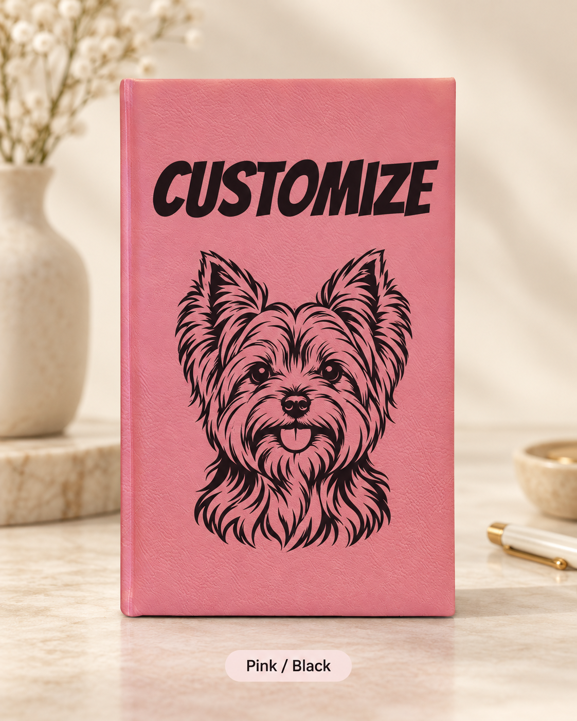 Custom Yorkie Dog Portrait Journal | Vegan Leather Engraved Notebook