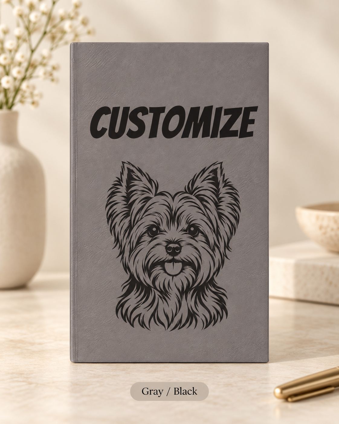 Custom Yorkie Dog Portrait Journal | Vegan Leather Engraved Notebook