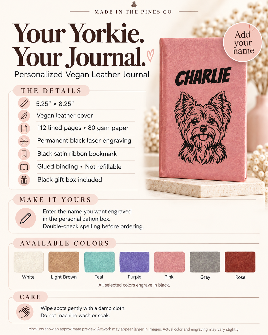 Custom Yorkie Dog Portrait Journal | Vegan Leather Engraved Notebook