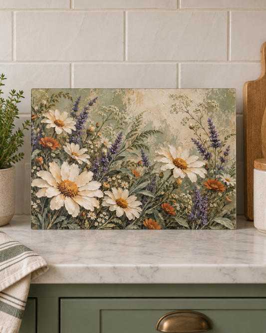 Vintage Daisy Bouquet Glass Cutting Board | Floral Kitchen Decor