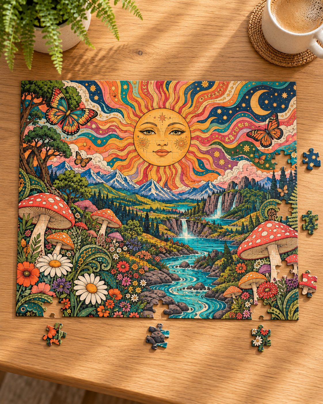 Psychedelic Sun Jigsaw Puzzle, Hippie Mushroom Art, Groovy Mountain Landscape, Boho Nature Puzzle, Gift for Puzzle Lovers