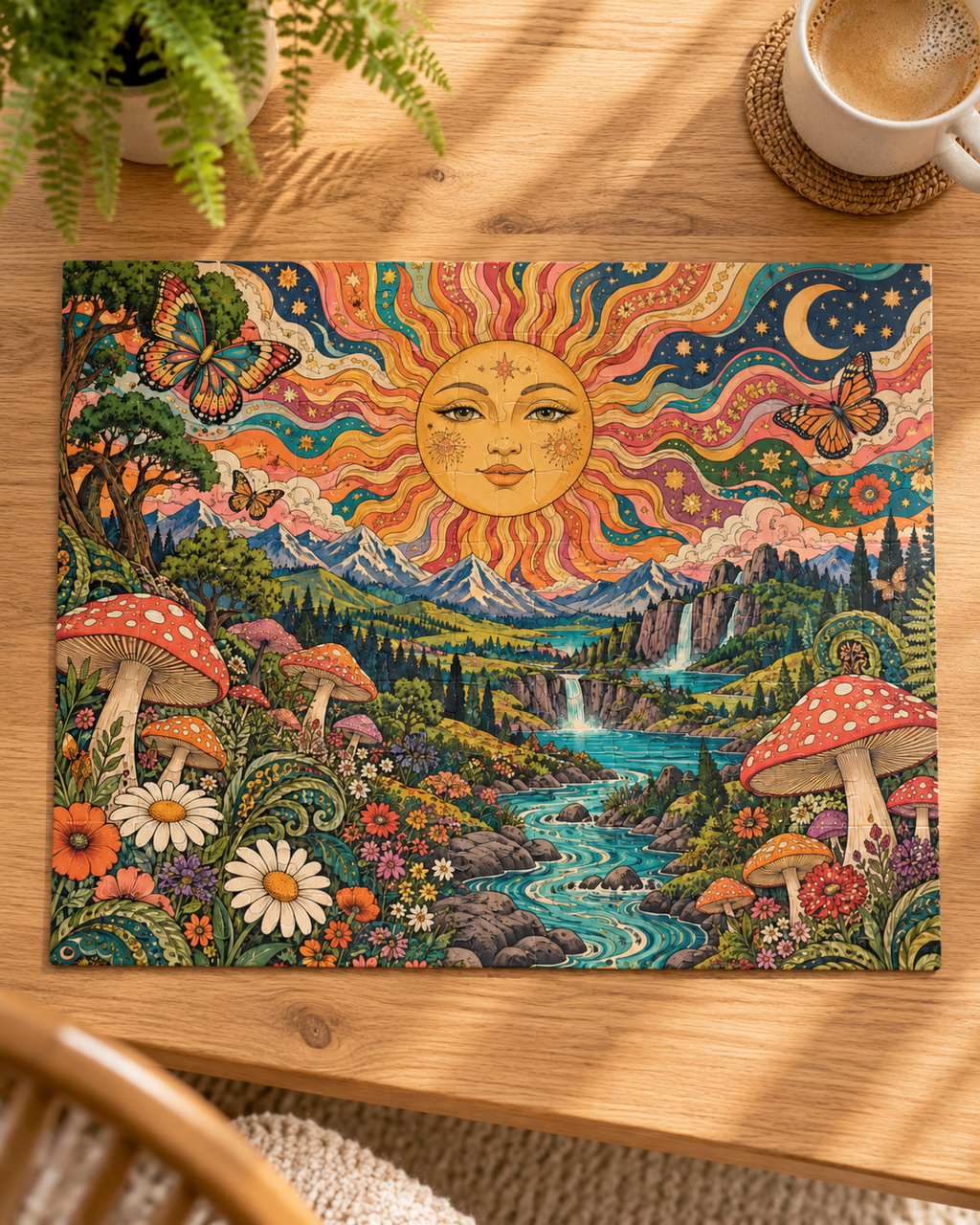 Psychedelic Sun Jigsaw Puzzle, Hippie Mushroom Art, Groovy Mountain Landscape, Boho Nature Puzzle, Gift for Puzzle Lovers
