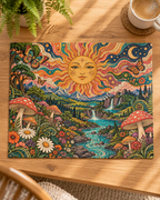 Psychedelic Sun Jigsaw Puzzle, Hippie Mushroom Art, Groovy Mountain Landscape, Boho Nature Puzzle, Gift for Puzzle Lovers