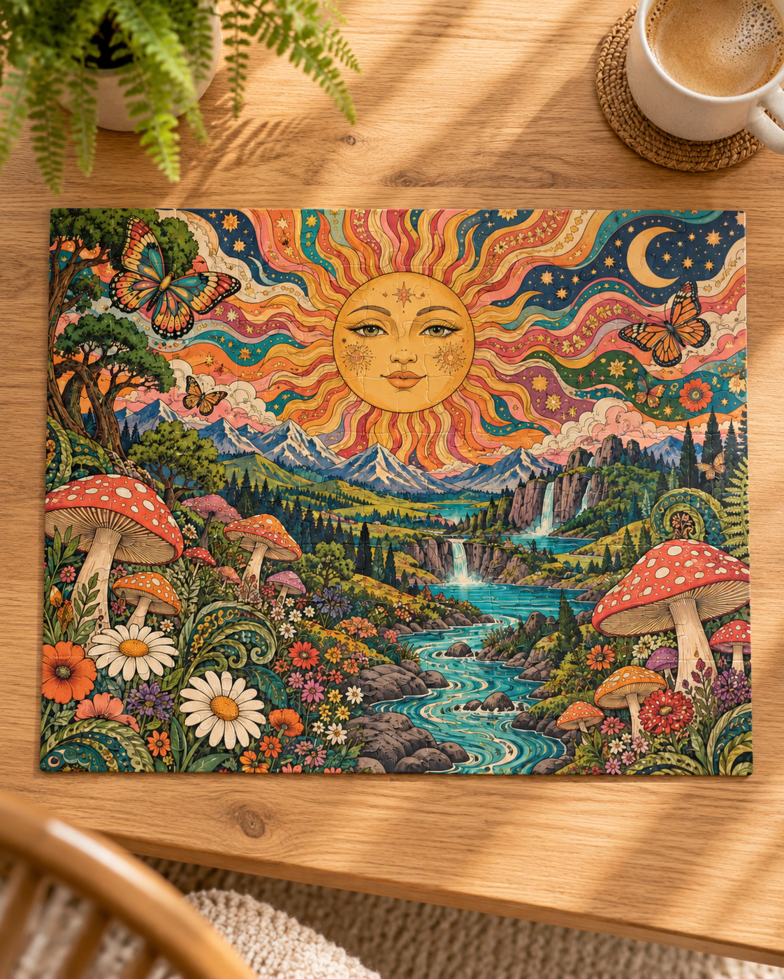 Psychedelic Sun Jigsaw Puzzle, Hippie Mushroom Art, Groovy Mountain Landscape, Boho Nature Puzzle, Gift for Puzzle Lovers