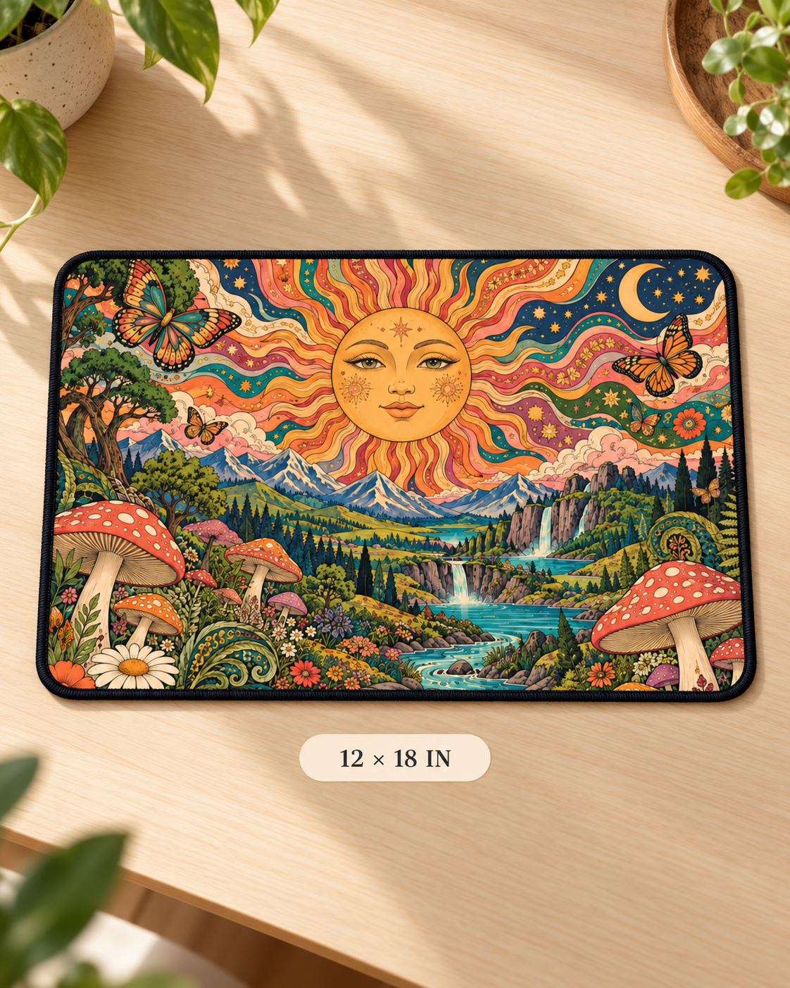 Psychedelic Sun and Mushroom Desk Mat | Colorful Fantasy Nature Mouse Pad Mystical Sun and Mushroom Forest Desk Mat