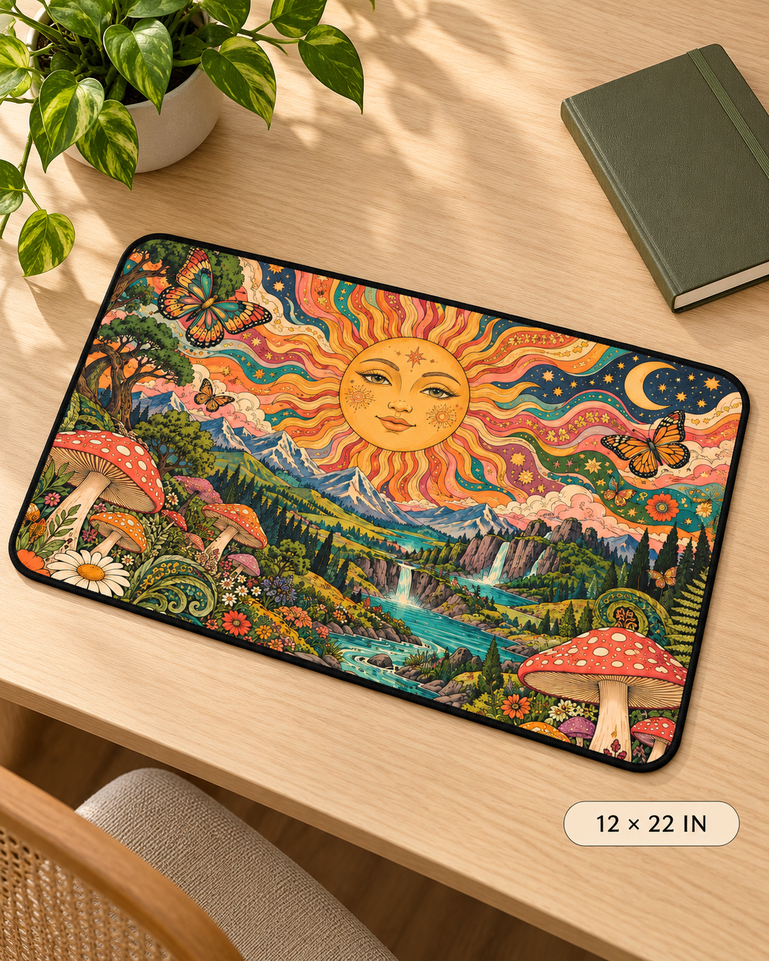 Psychedelic Sun and Mushroom Desk Mat | Colorful Fantasy Nature Mouse Pad Mystical Sun and Mushroom Forest Desk Mat