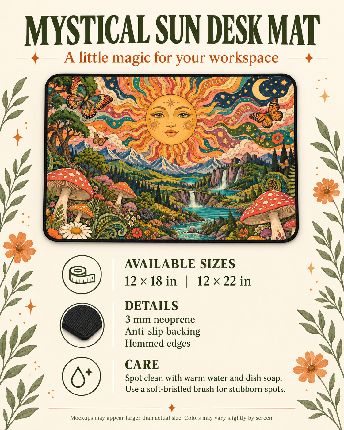 Psychedelic Sun and Mushroom Desk Mat | Colorful Fantasy Nature Mouse Pad Mystical Sun and Mushroom Forest Desk Mat