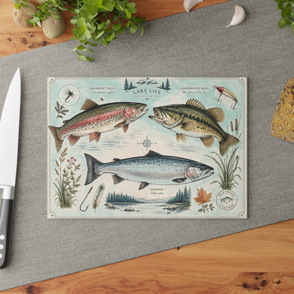 Vintage Fish illustration Glass Cutting Board | Lake Life trout bass salmon