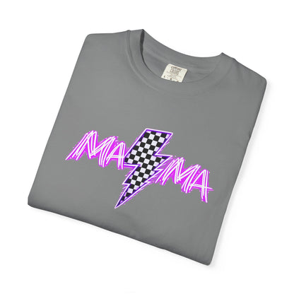Mama Lightning Bolt T-Shirt — Retro Pink Script Checkerboard Bolt