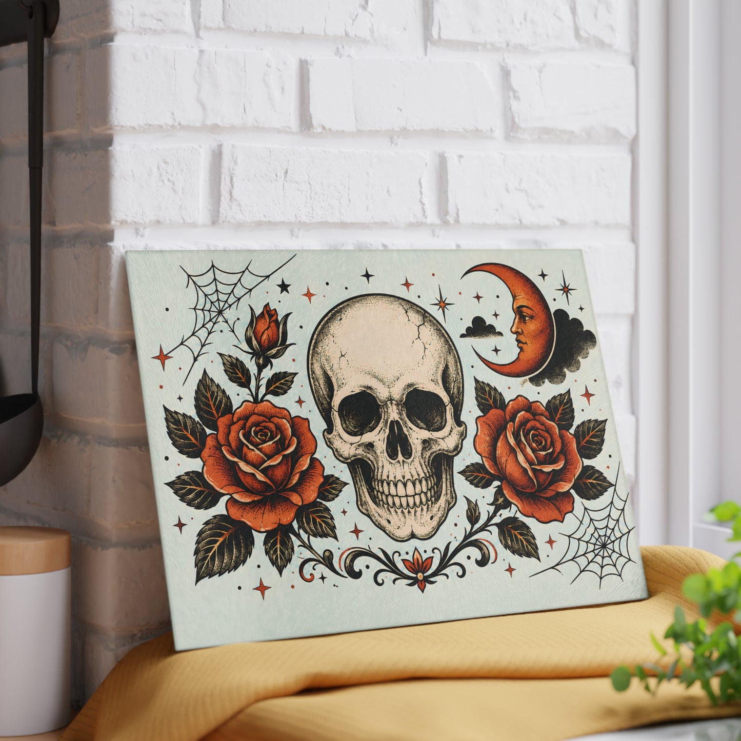 Skull & Roses Glass Cutting Board — Gothic Moon Kitchen Decor