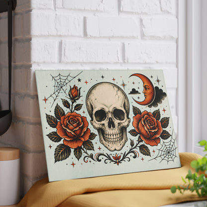 Skull & Roses Glass Cutting Board — Gothic Moon Kitchen Decor
