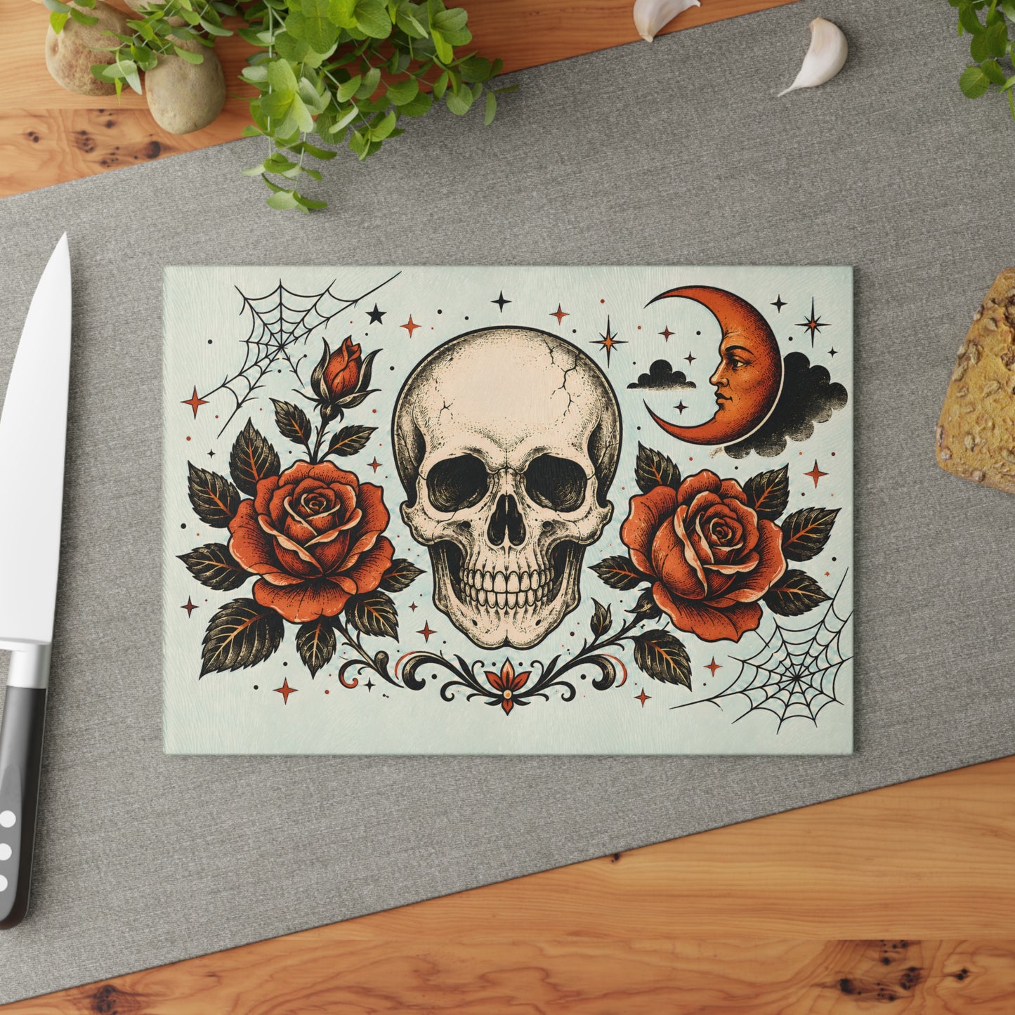 Skull & Roses Glass Cutting Board — Gothic Moon Kitchen Decor