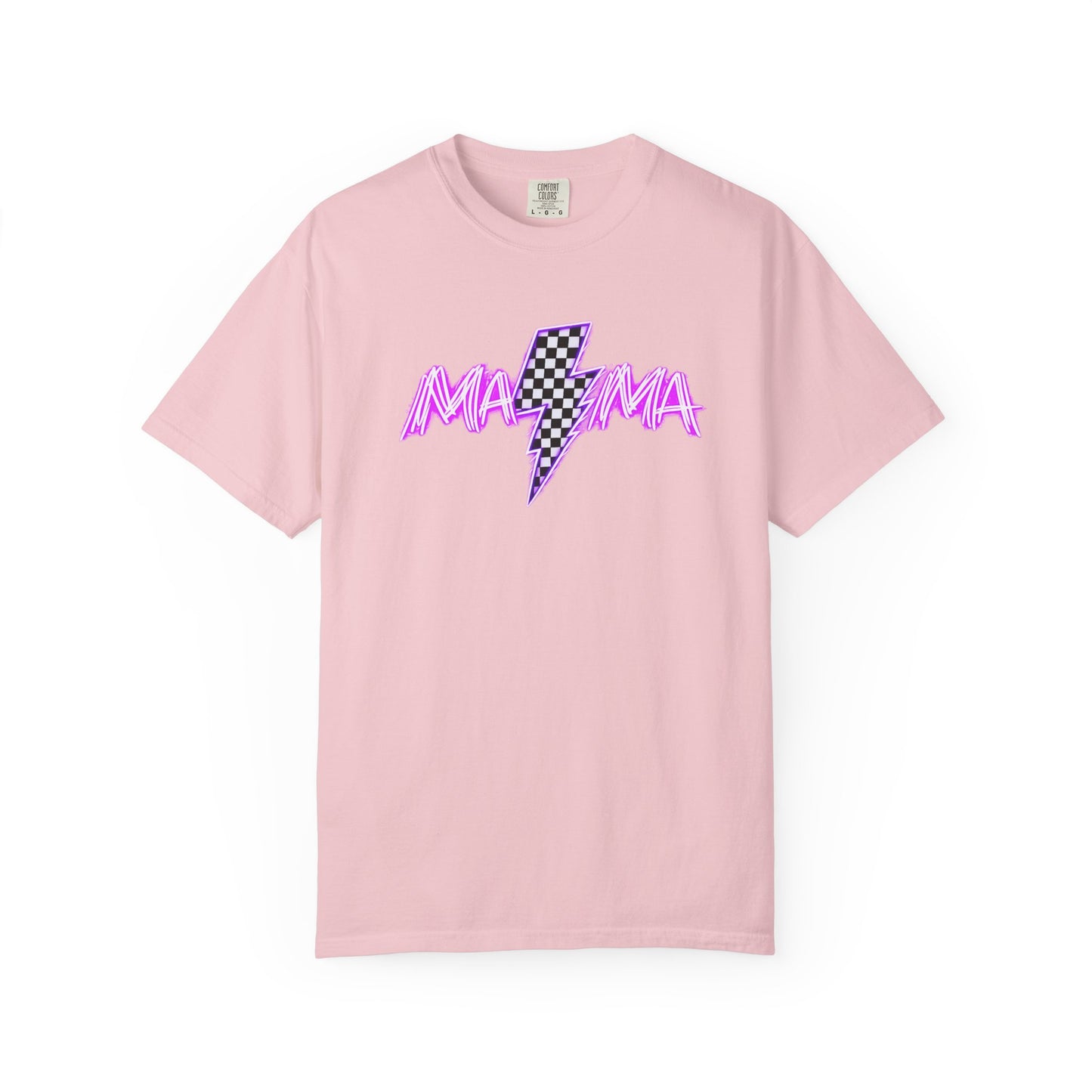 Mama Lightning Bolt T-Shirt — Retro Pink Script Checkerboard Bolt