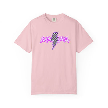 Mama Lightning Bolt T-Shirt — Retro Pink Script Checkerboard Bolt
