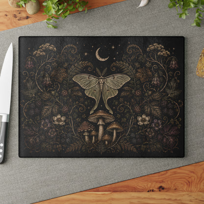 Mystic Moth & Moon Glass Cutting Board — Botanical Night Kitchen Decor