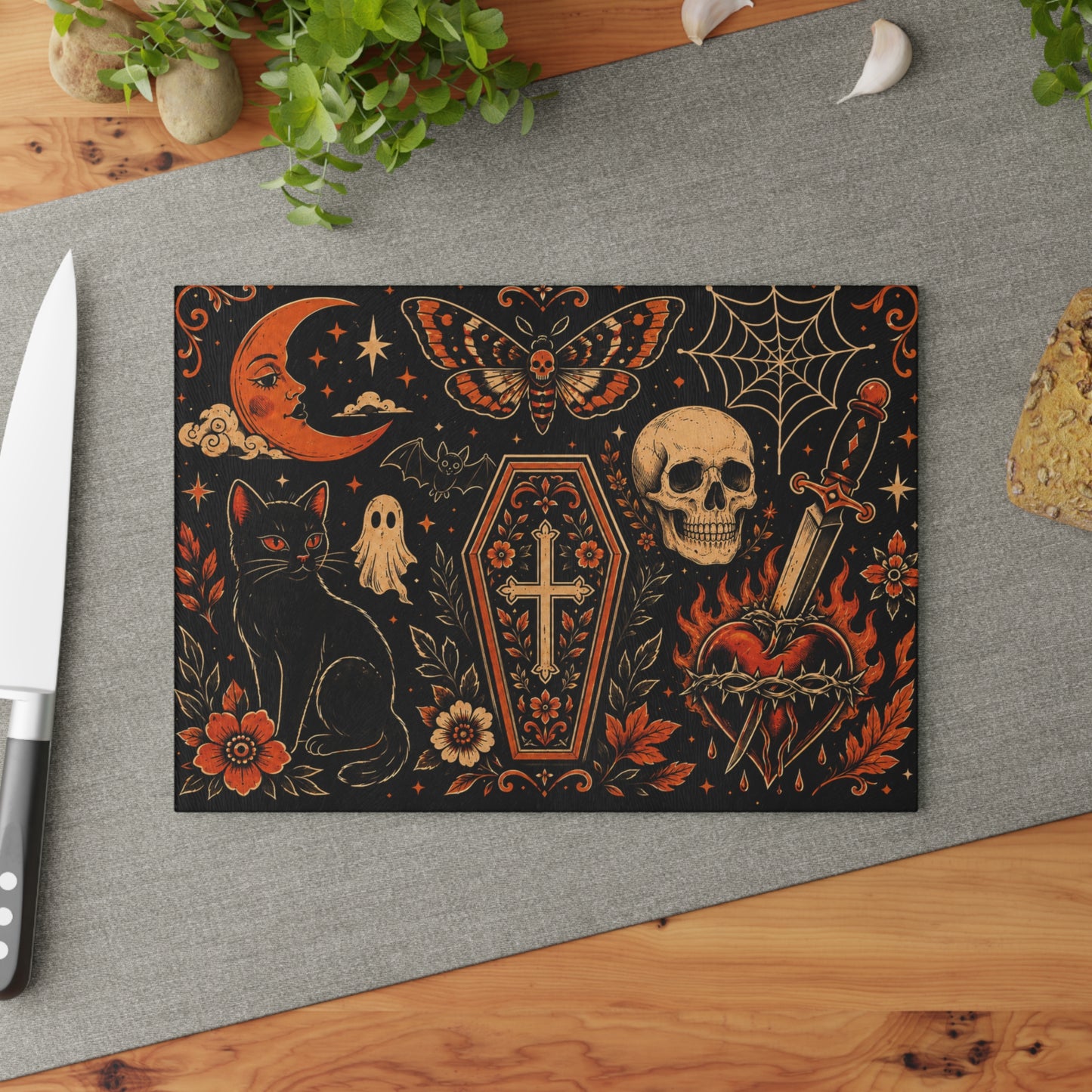 Gothic Occult Glass Cutting Board — Skull, Coffin & Black Cat Kitchen Décor