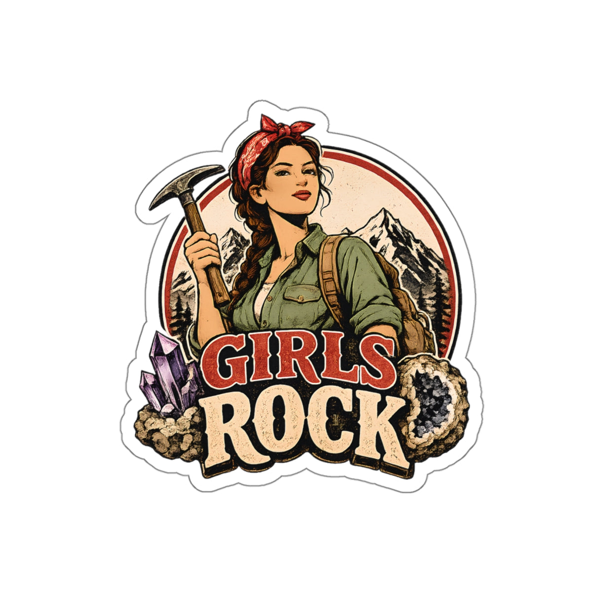 Retro Girls Rock Climbing Miner sticker | Rockhounding Mountain Nature Lover Die-Cut Sticker