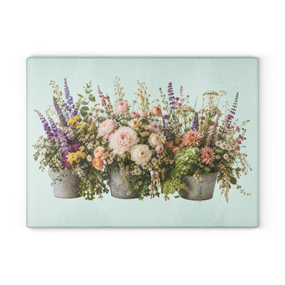 Vintage Floral Bouquet Glass Cutting Board | Wildflower Arrangement, Pastel Flowers